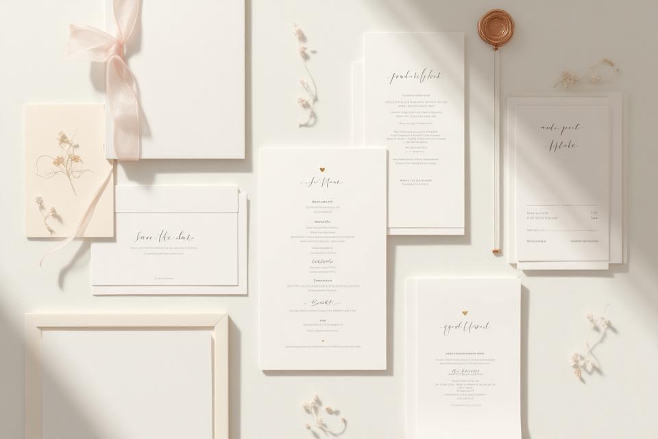 A complete bespoke wedding stationery suite laid out elegantly, including an invitation, save the date, menu, program, and thank you card, all with a consistent design theme emphasizing personalized stationery and wedding paper goods.