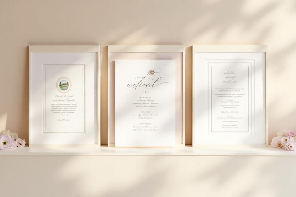 A photo collage showcasing the bespoke wedding stationery suite for the O'Connell wedding, featuring a custom watercolor crest on the invitation, menu, and welcome sign, highlighting a cohesive wedding paper goods design.