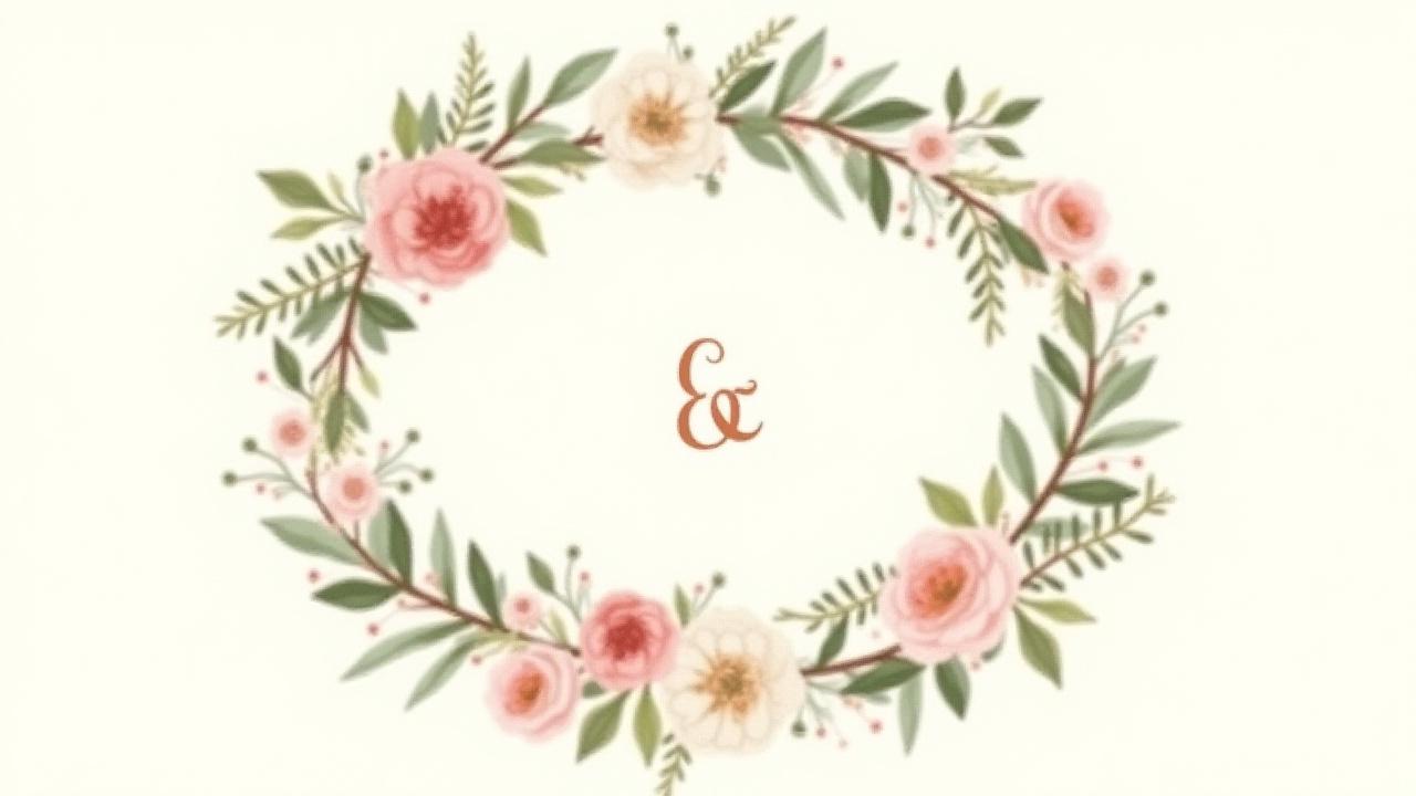 Botanical wedding crest with lush greenery, wild blossoms, and entwined initials.