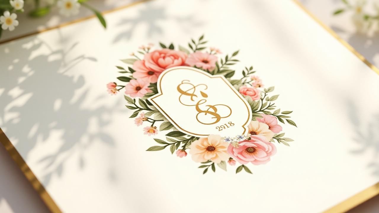Elaborate wedding crest featuring intertwining florals, a pet illustration, and family symbols.