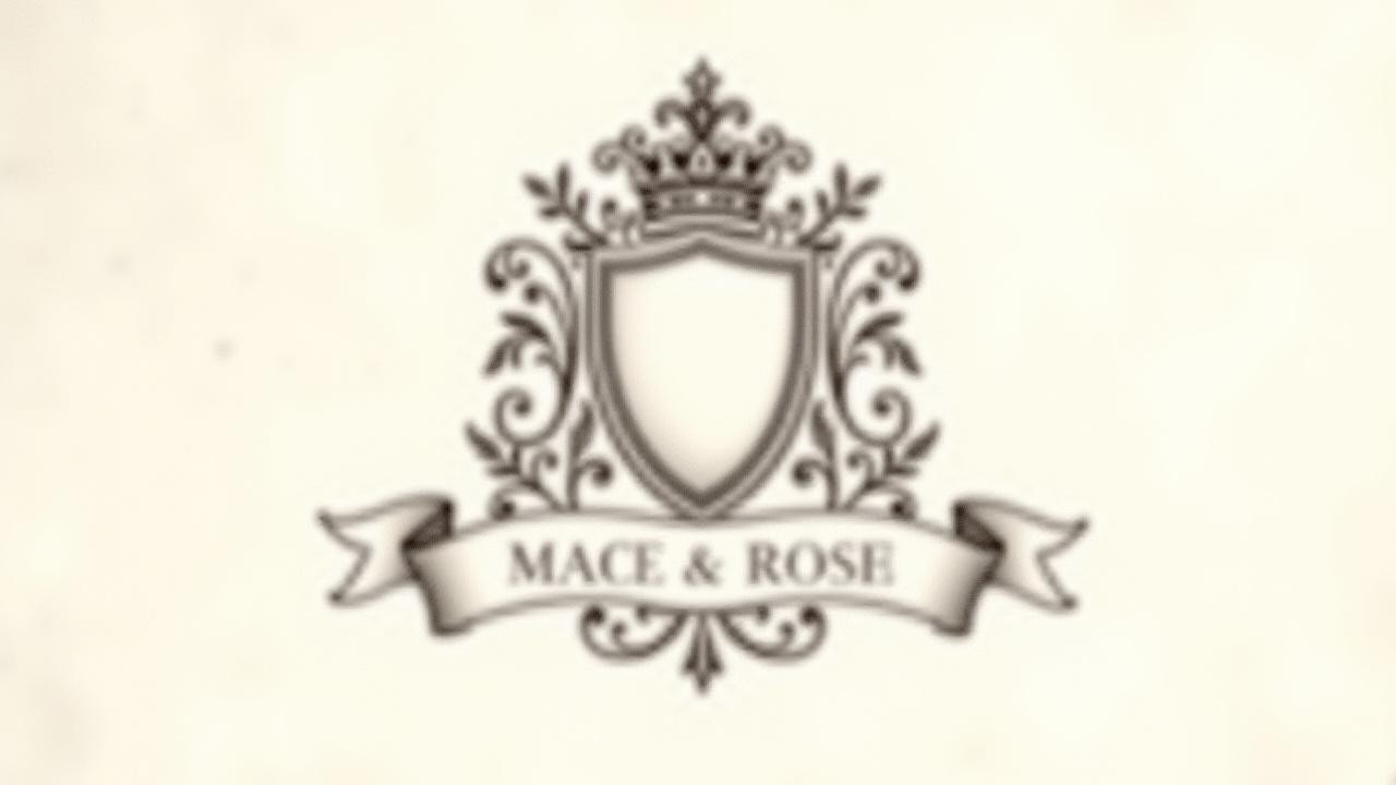 Regal wedding crest incorporating family sigils and a formal banner with a wedding date.