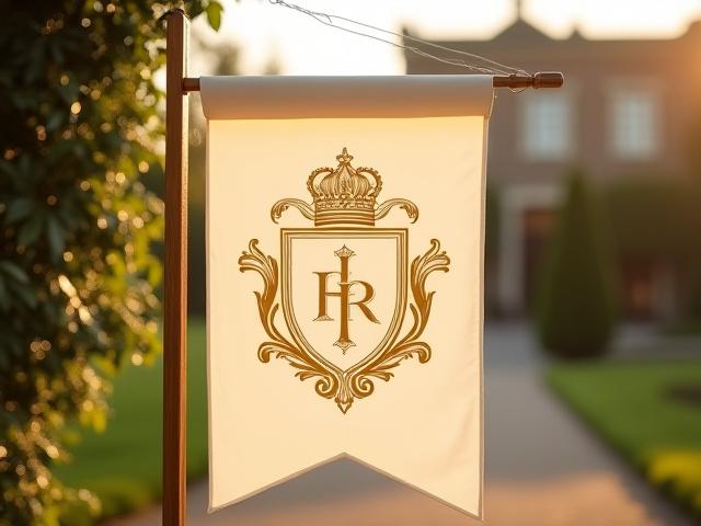 Wedding reception entrance featuring a custom flag with the couple's crest.