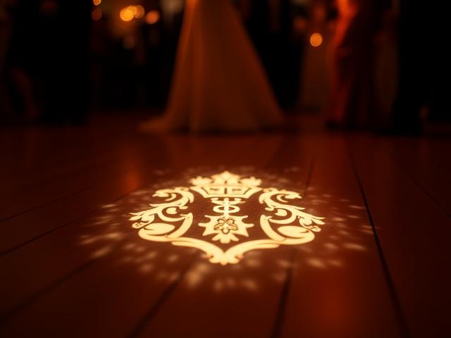Wedding crest projected on a dance floor with a gobo light, adding a dramatic touch to the reception.