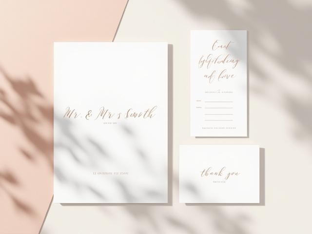Minimalist wedding invitation with delicate rose gold foil typography on crisp white cotton paper.