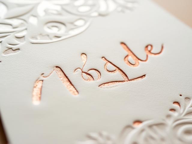 Close-up of a wedding invitation showcasing blind debossed patterns combined with copper foil accents on thick, textured cotton paper.