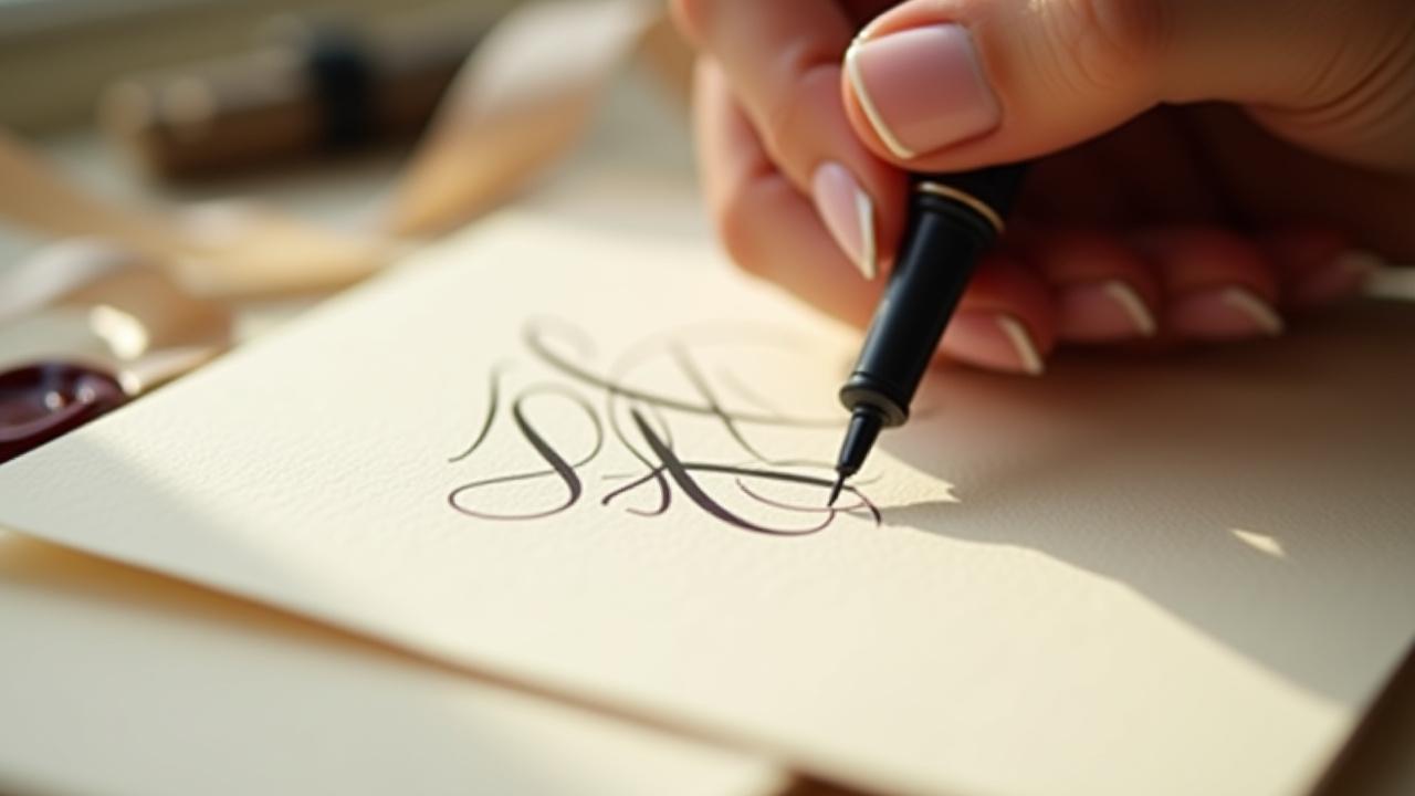 Close-up of a calligraphy pen creating elegant script on fine paper, a static fallback for video