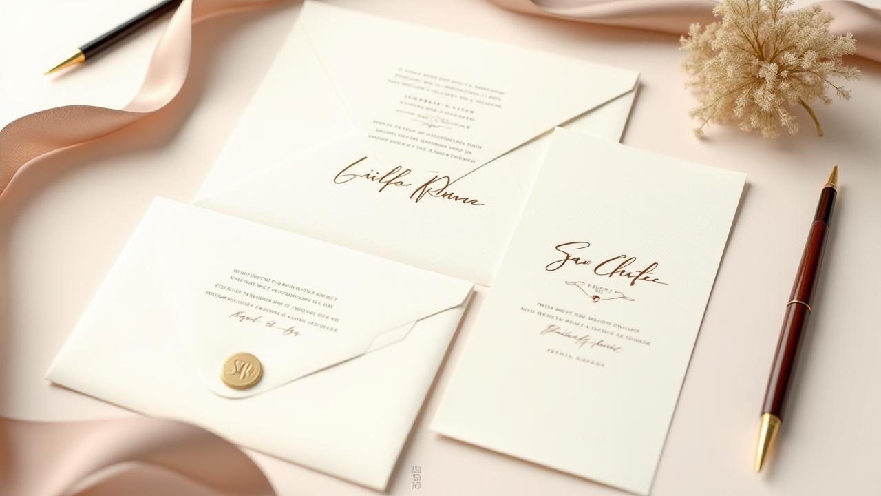 A beautifully styled wedding invitation suite with various hand-lettered elements.