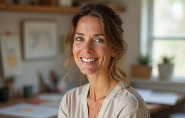 Mary G Reis, owner and artisan, in her bright, elegant studio surrounded by fine papers and calligraphy tools