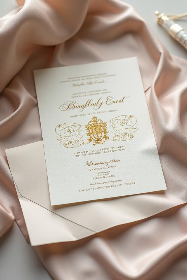 Classic wedding invitation suite with a custom crest, gold foil, and hand lettering