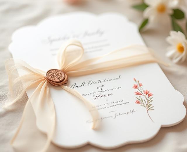 Romantic fine-art wedding invitation with deckled edges, silk ribbon, and a delicate wax seal