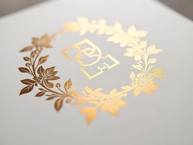 Custom gold foil wedding crest design on a pale pink card