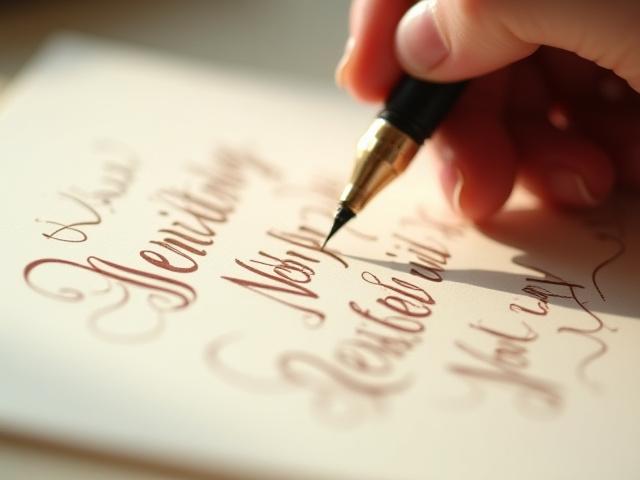 Close-up view of hand-lettered calligraphy on a wedding invitation