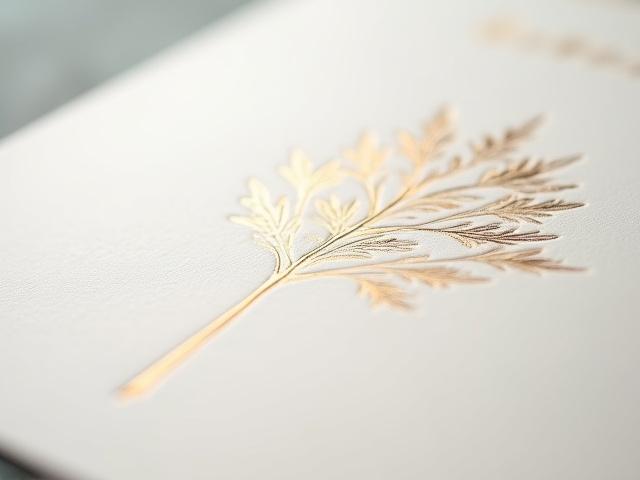 Foil pressed wedding invitation with delicate gold leaves design