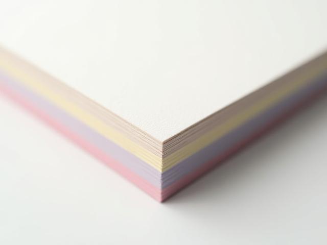 Cross-section view of thick, duplexed cardstock with a contrasting colored edge