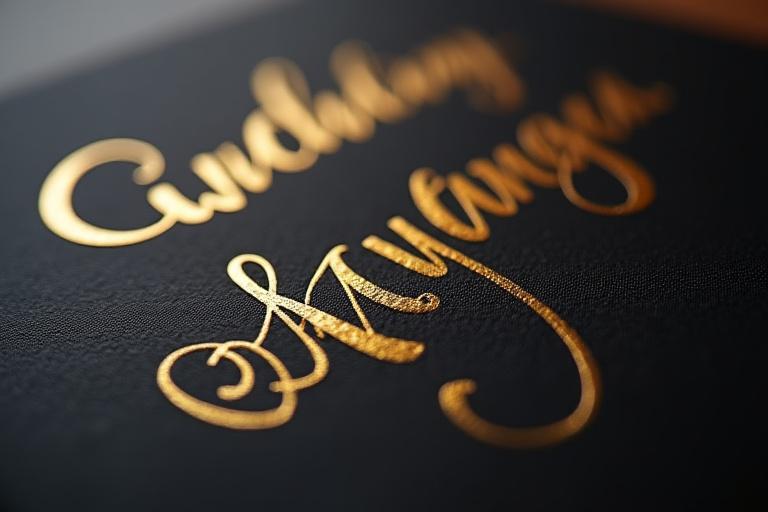 Close-up of shimmering gold foil text on a dark invitation card