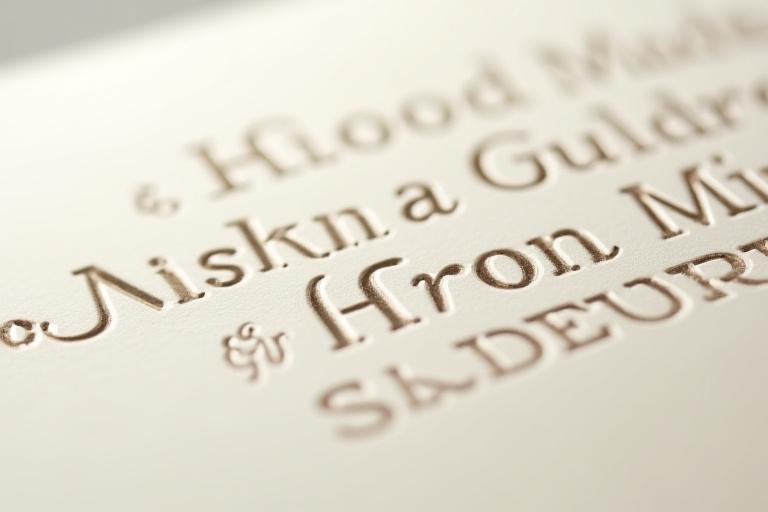 Side-angle shot showing the deep, debossed impression of letterpress text on thick paper