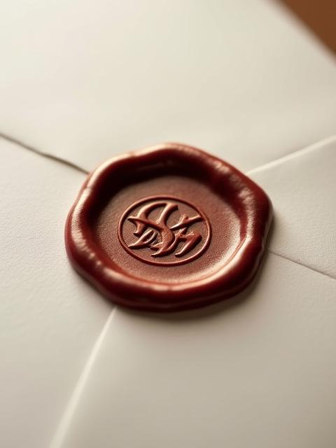 Hand-poured wax seal with a custom monogram on a wedding invitation