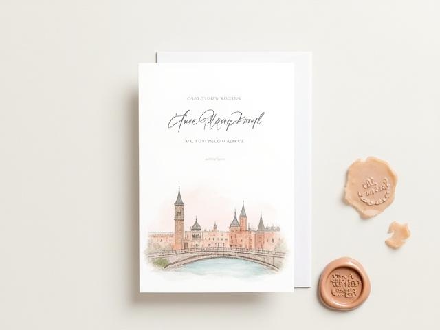 Custom illustrated save the date card featuring a couple and their wedding venue