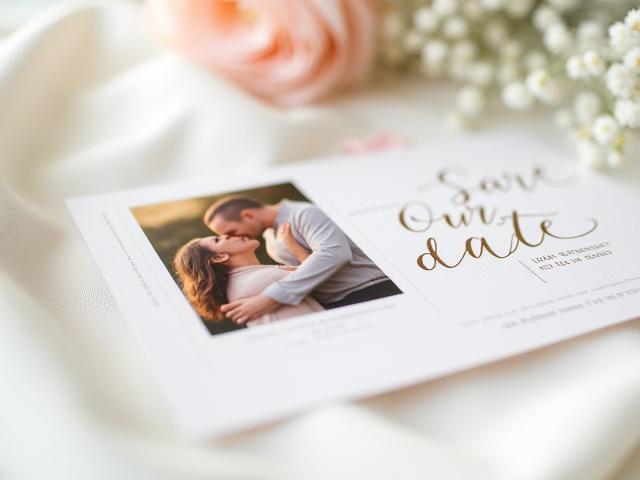Elegant save the date photo card with a couple's engagement picture and fine typography
