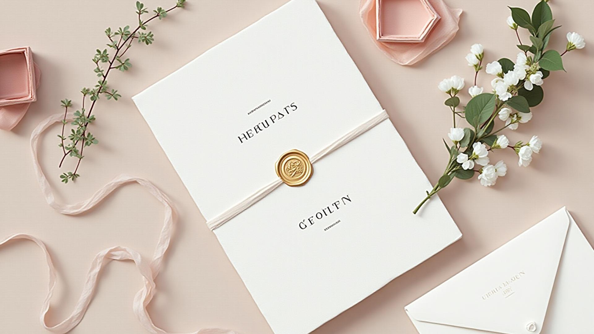 A beautifully arranged flat-lay of a luxury wedding invitation suite with delicate details.