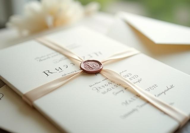 Close-up of a beautifully designed wedding invitation suite, showcasing intricate details, luxurious paper, and personalized elements, perhaps with a wax seal or silk ribbon.