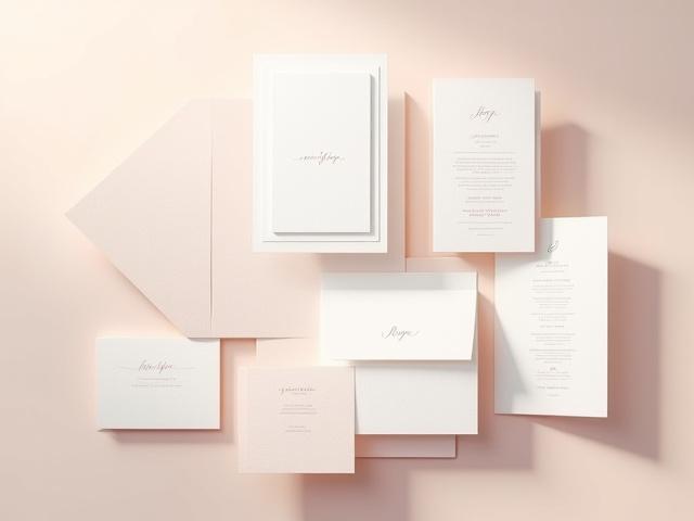Artfully arranged collage of wedding stationery items from a single suite, including invitation, menu, place card, and thank you note, all sharing a cohesive design.