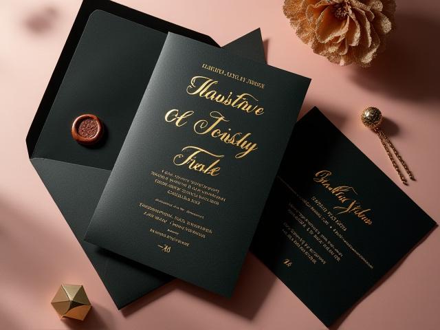 Modern Glamour wedding suite with bold typography and foil accents.